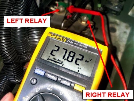 Test left relay for 24V-28V and right for 12V-14V range 